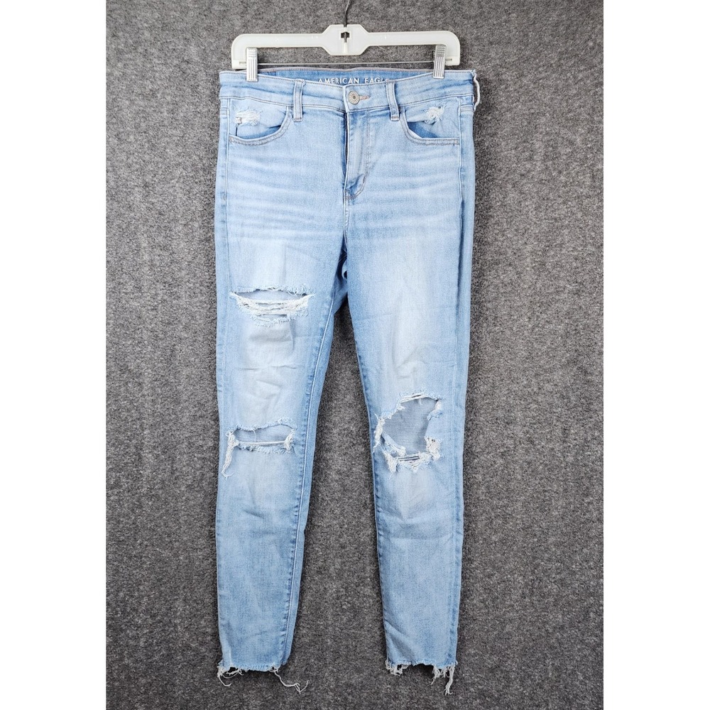 American Eagle Skinny Jeans Womens 10 Light‎ Blue Distressed Ripped Raw Hem